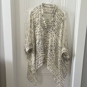 Johnny Was Katia Cream and Gray Script Oversize Silk Blouse